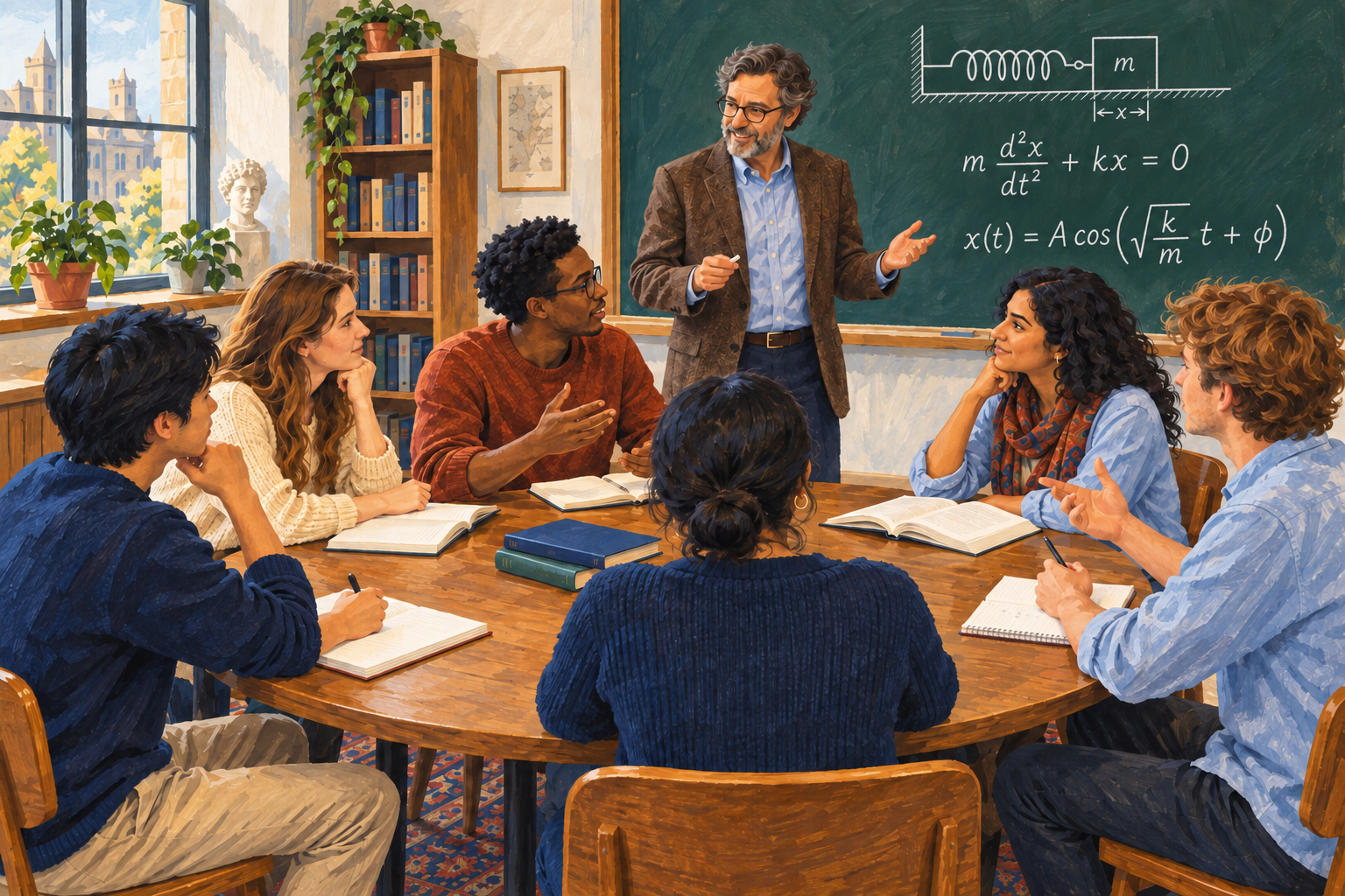 Six students participate in a round-table Socratic discussion while a professor guides them beside a chalkboard showing a spring-mass system and the differential equation for simple harmonic motion