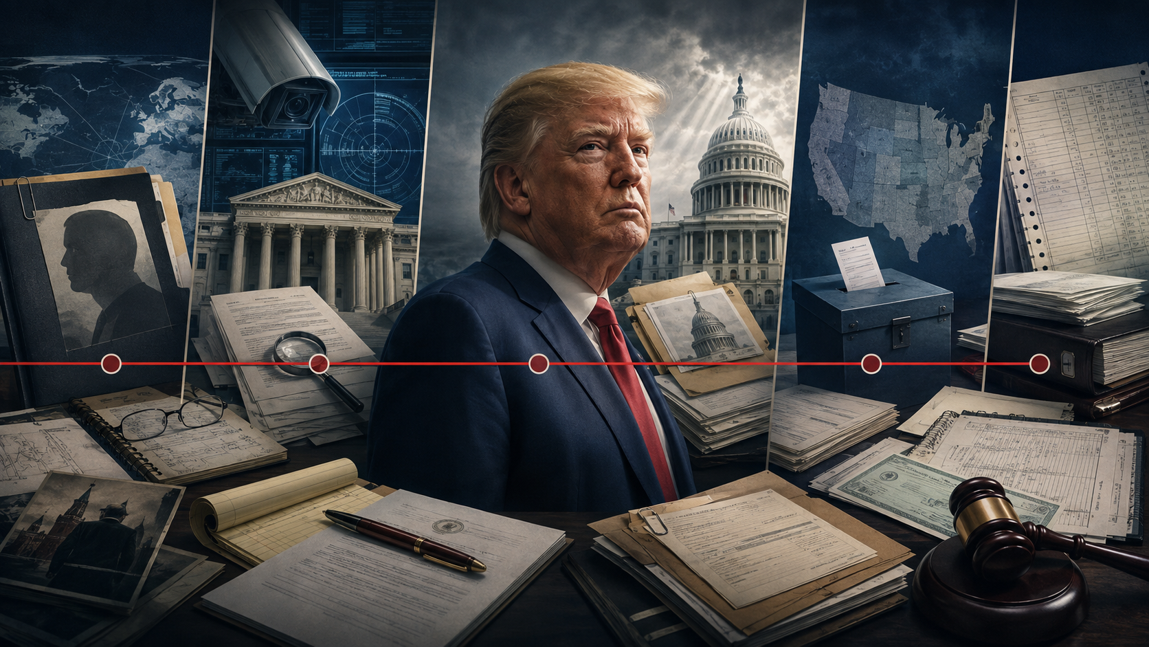 Editorial evidence timeline showing Donald Trump surrounded by opposition-research files, surveillance records, courts, ballots and business documents