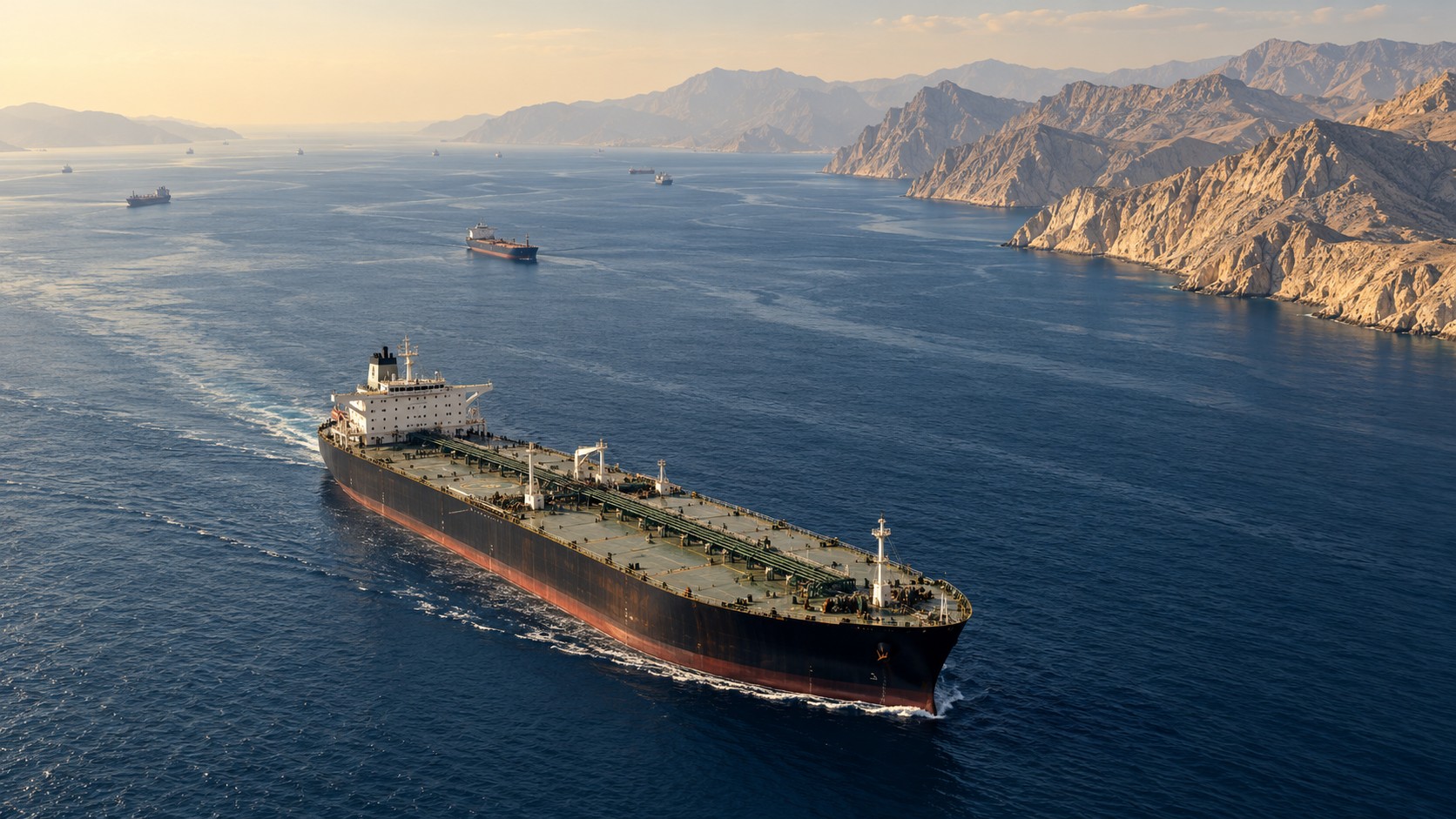 Tankers passing through the Strait of Hormuz illustrate the dependence of energy trade on physical access. Editorial illustration.