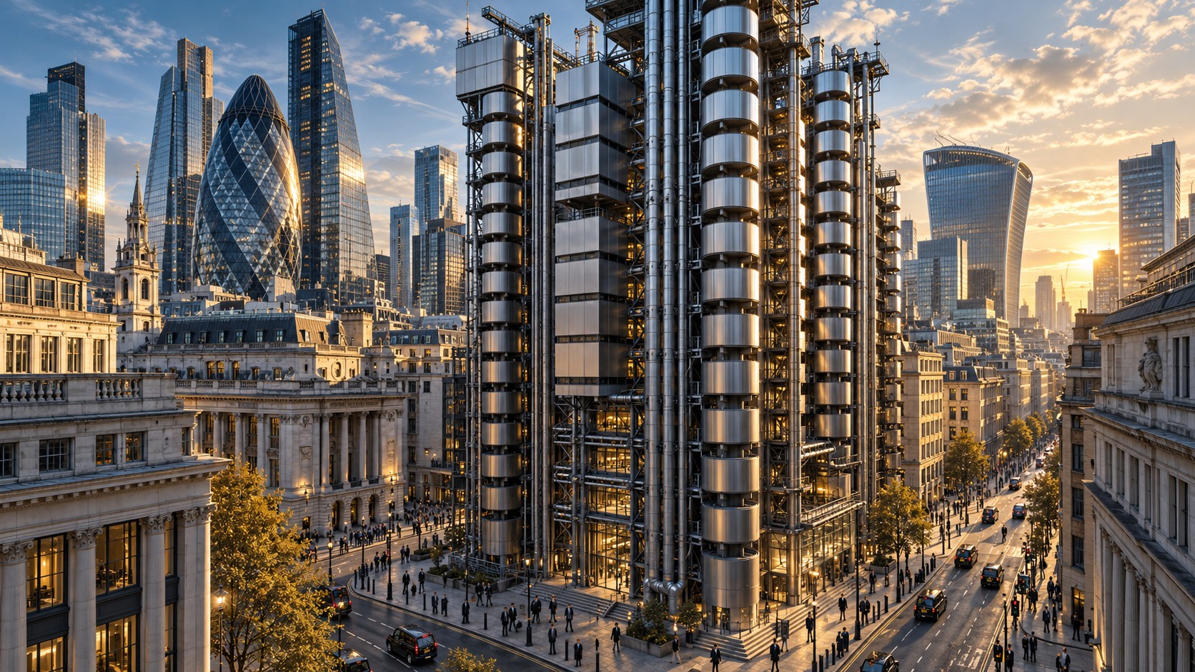London’s financial district connects capital, insurance and international trade. Editorial illustration.