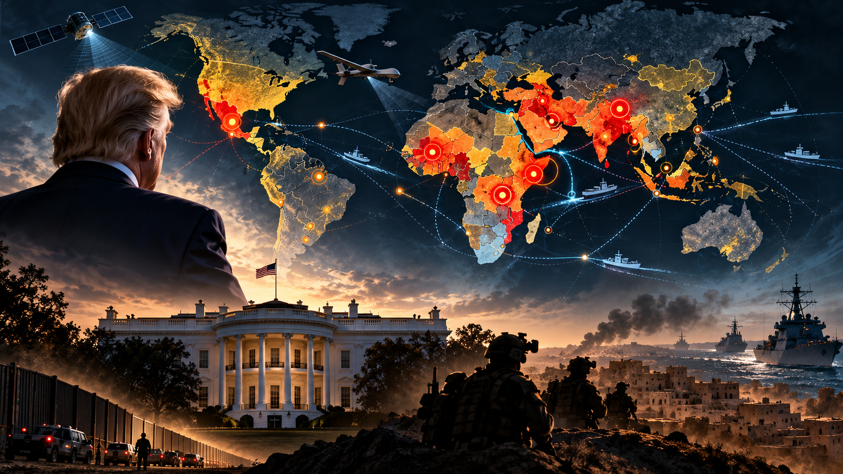 Editorial illustration of President Trump, the White House, military forces and a world map depicting global security threats.