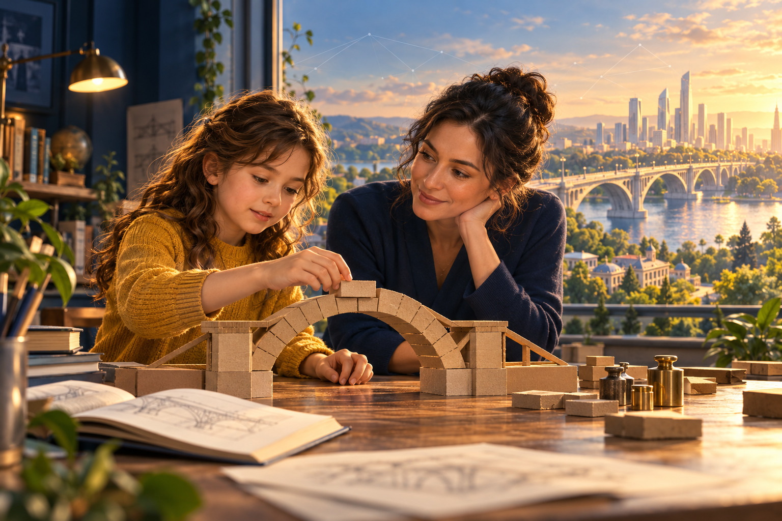 A parent and child build an arch bridge with wooden blocks, with a future city beyond the window.