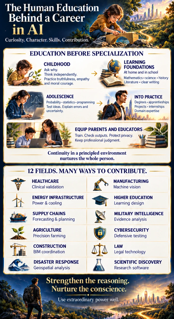 The Human Education Behind a Career in AI. Curiosity, character, skills and contribution. Education before specialization: childhood curiosity and conscience; learning foundations at home and in school; adolescent study and testing ideas; degrees, apprenticeships, projects, internships and domain expertise. Equip parents and educators to check outputs, protect privacy and keep professional judgment. Continuity in a principled environment nurtures the whole person. Twelve fields include healthcare, manufacturing, energy infrastructure, higher education, supply chains, military intelligence, agriculture, cybersecurity, construction, law, disaster response and scientific discovery. Strengthen the reasoning. Nurture the conscience. Use extraordinary power well.