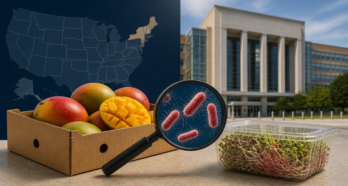 AI-generated editorial graphic for FDA Alerts and Recalls: mango and sprout products recalled for bacterial risks