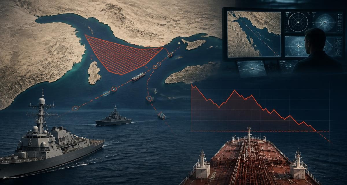 AI-generated editorial graphic for Iran/IRGC Rhetoric: direct naval attacks intensify as Hormuz traffic falls