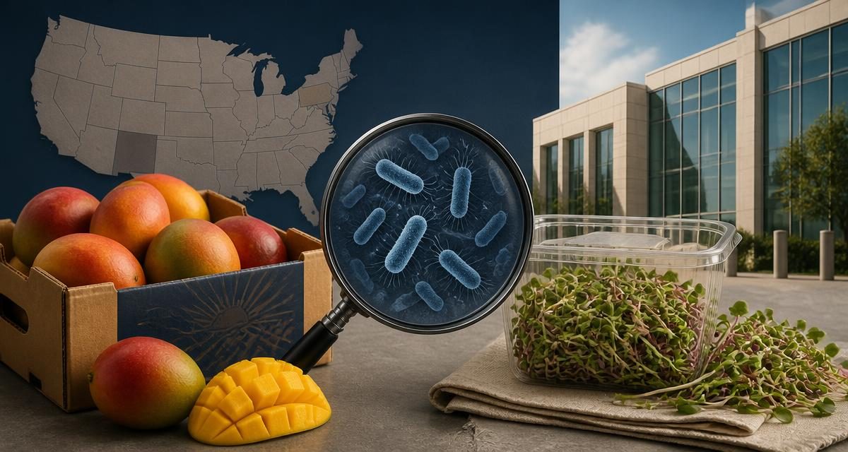 AI-generated editorial graphic for FDA Alerts and Recalls: mango and sprout products recalled for bacterial risks