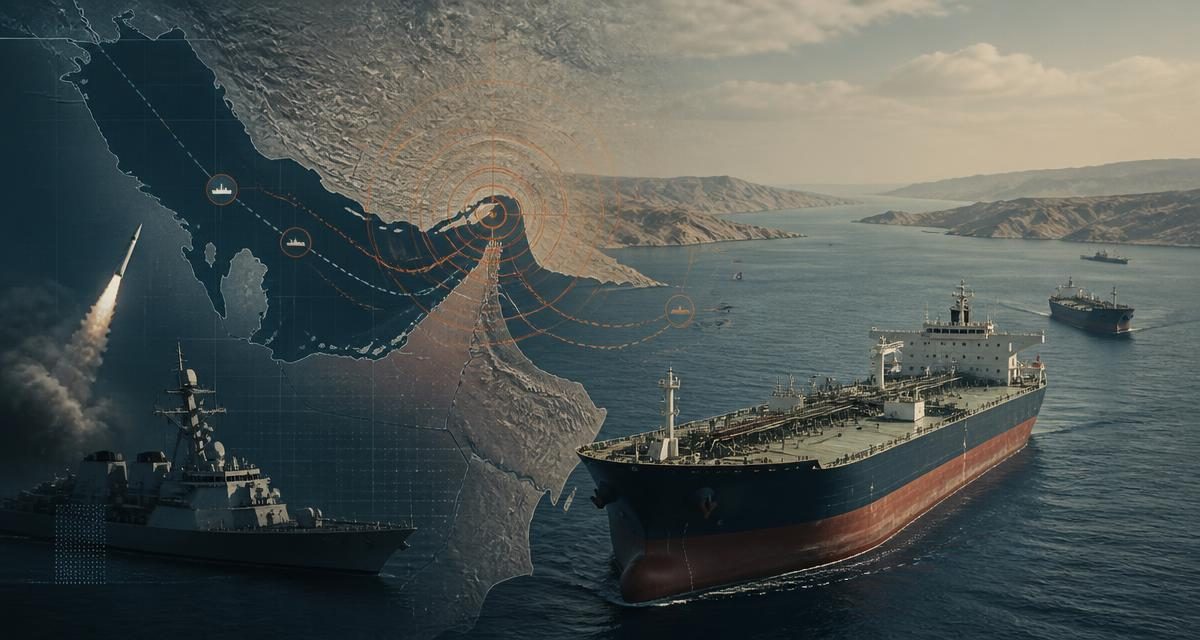 AI-generated editorial graphic for Iran/IRGC Rhetoric: tanker war expands as visible Hormuz traffic falls