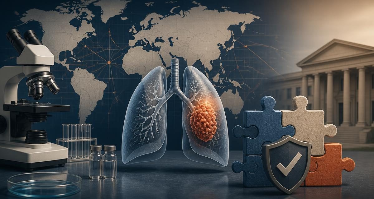 AI-generated editorial graphic for Autism and cancer evidence: autism baseline unchanged; lung-cancer survival signal persists