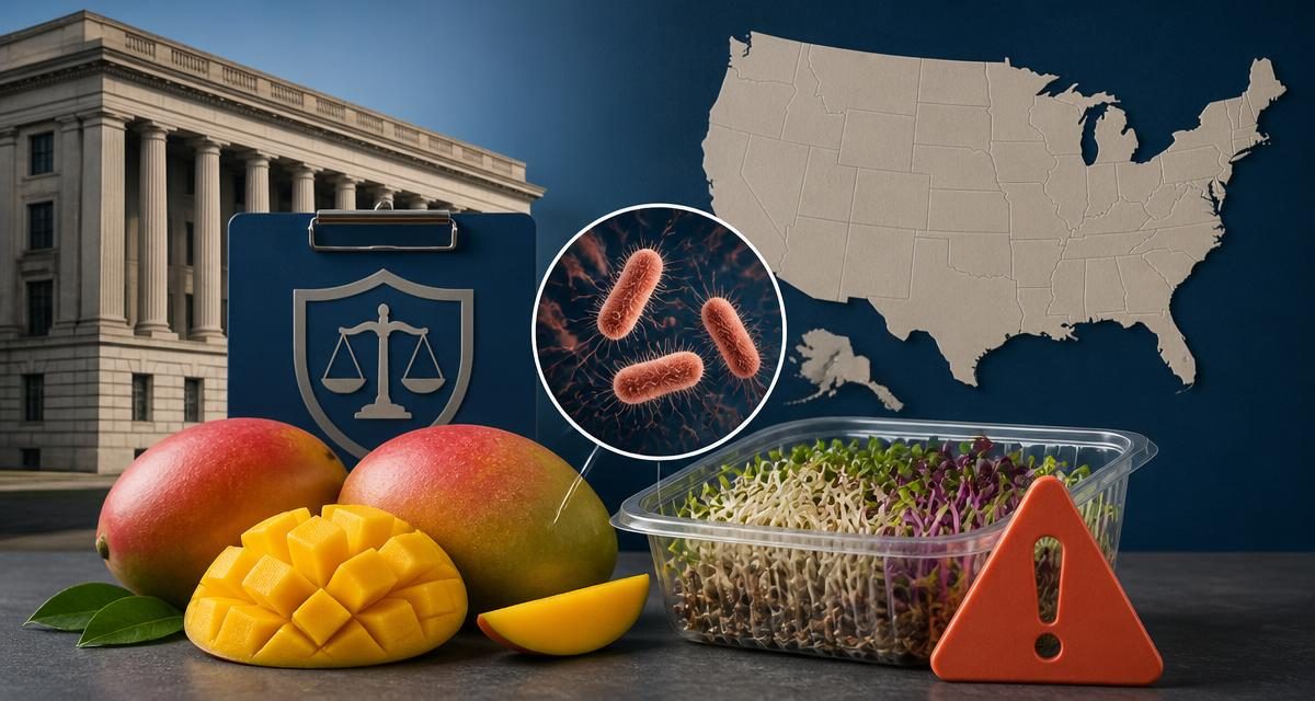 AI-generated editorial graphic for FDA Alerts and Recalls: mango and sprout products recalled for bacterial risks