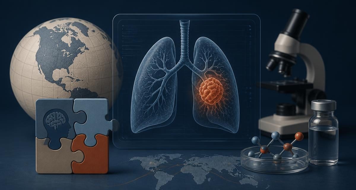 AI-generated editorial graphic for Autism and cancer evidence: autism baseline unchanged; lung-cancer survival signal persists