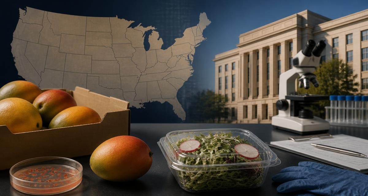 AI-generated editorial graphic for FDA Alerts and Recalls: mango and sprout products recalled for bacterial risks