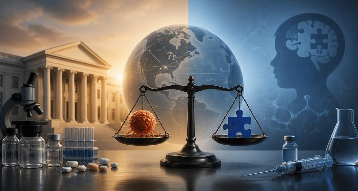 AI-generated editorial graphic for New cancer indications advance while autism evidence needs separate scrutiny