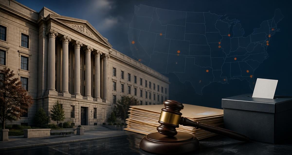 AI-generated editorial graphic for Justice Announces Election-Crime Charges; Allegations Are Not Convictions