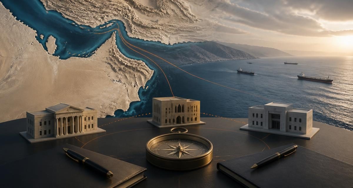 AI-generated editorial graphic for Iran/IRGC Rhetoric: Tehran Reviews a U.S. Response on a Strait Proposal