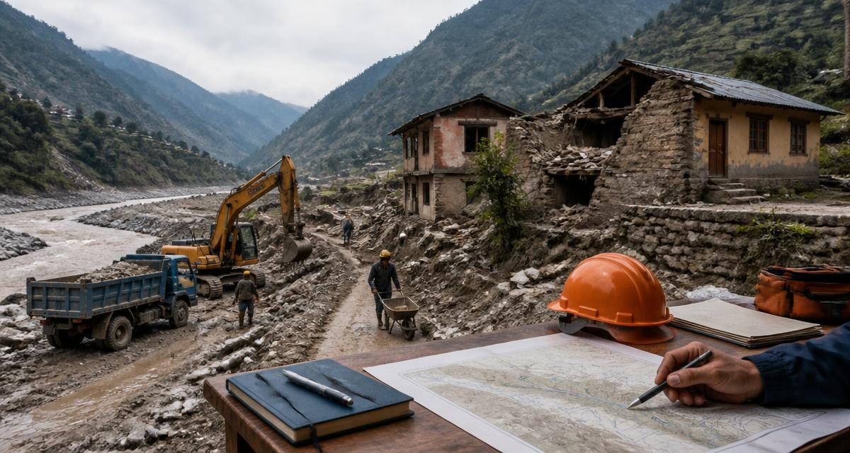 AI-generated editorial graphic for Nepal flood recovery turns to housing, debris and livelihoods
