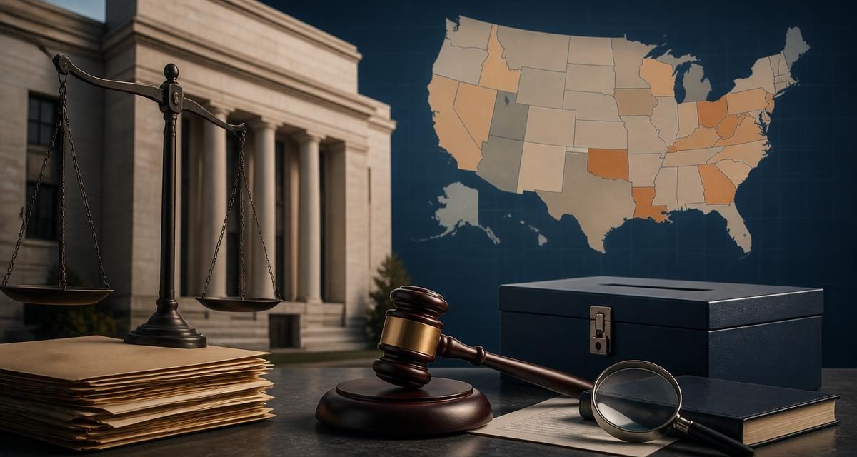AI-generated editorial graphic for Justice Announces Election-Crime Charges; Allegations Are Not Convictions