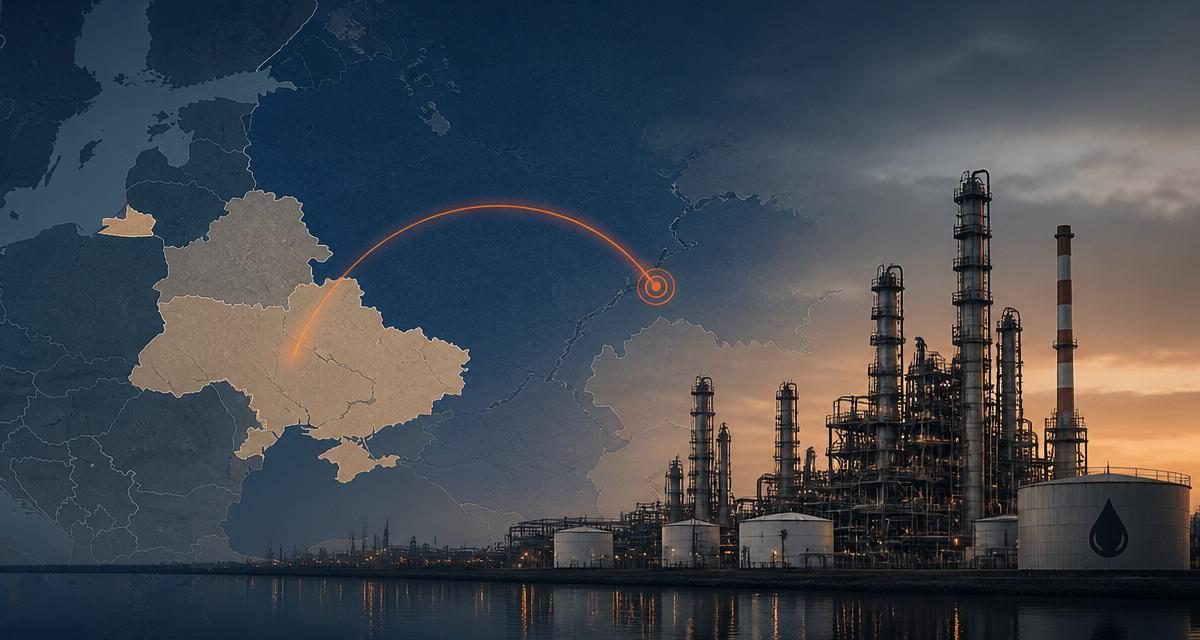 AI-generated editorial graphic for Russia/Ukraine: Kyiv Resumes Refinery Strikes After the Unmonitored Pause Fails