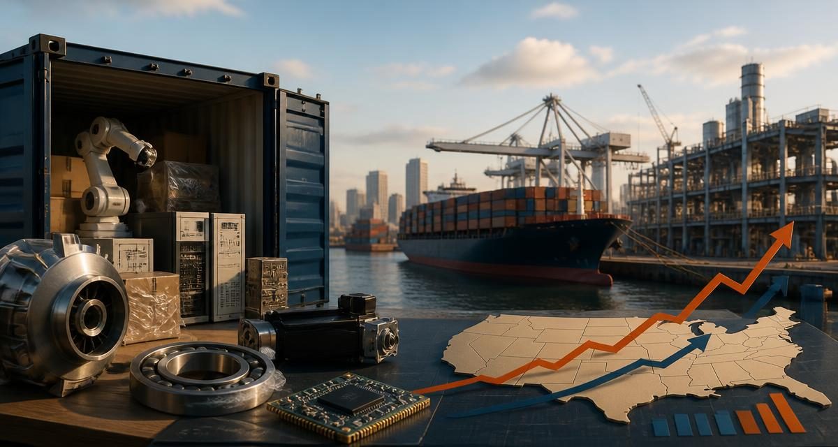 AI-generated editorial graphic for Equipment Imports Rise as Factory Recovery Faces an Output Test