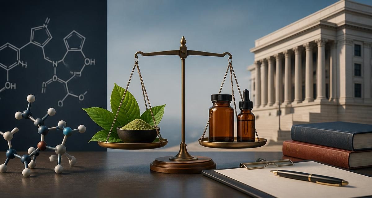 AI-generated editorial graphic for DEA revises temporary-scheduling approach for concentrated kratom-related substances