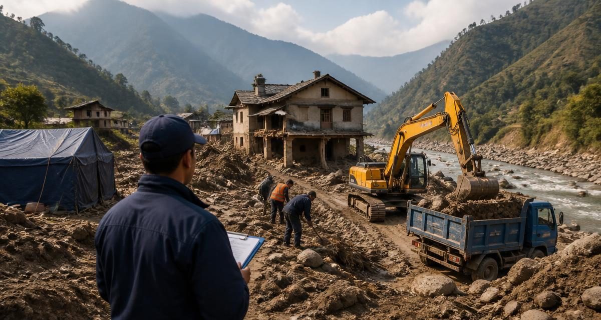 AI-generated editorial graphic for Nepal flood recovery turns to housing, debris and livelihoods